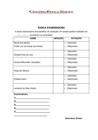BANCA EXAMINADORA
A banca examinadora dos trabalhos de conclusão em sessão pública realizada em
____/____/____, considerou os candidatos:
NOME MENÇÃO SITUAÇÃO
Nome dos autores
André Luiz de Araújo dos Santos
( ) Aprovado
( ) Reprovado
Daniela Paes de Lyra
( ) Aprovado
( ) Reprovado
Denise Delmondes Gonçalves
( ) Aprovado
( ) Reprovado
Diego de Oliveira
( ) Aprovado
( ) Reprovado
Edilaine Serra
( ) Aprovado
( ) Reprovado
Leonardo da Silva Santos
( ) Aprovado
( ) Reprovado
Examinadores:
1)_______________________________
4)______________________________
2)_______________________________
5)______________________________
3)_______________________________
______________________________
Assinatura Diretor
 