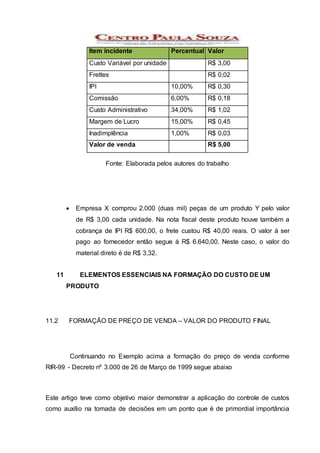 Fonte: Elaborada pelos autores do trabalho
 Empresa X comprou 2.000 (duas mil) peças de um produto Y pelo valor
de R$ 3,00 cada unidade. Na nota fiscal deste produto houve também a
cobrança de IPI R$ 600,00, o frete custou R$ 40,00 reais. O valor á ser
pago ao fornecedor então segue á R$ 6.640,00. Neste caso, o valor do
material direto é de R$ 3,32.
11 ELEMENTOS ESSENCIAIS NA FORMAÇÃO DO CUSTO DE UM
PRODUTO
11.2 FORMAÇÃO DE PREÇO DE VENDA – VALOR DO PRODUTO FINAL
Continuando no Exemplo acima a formação do preço de venda conforme
RIR-99 - Decreto nº 3.000 de 26 de Março de 1999 segue abaixo
Este artigo teve como objetivo maior demonstrar a aplicação do controle de custos
como auxílio na tomada de decisões em um ponto que é de primordial importância
Item incidente Percentual Valor
Custo Variável por unidade R$ 3,00
Frettes R$ 0,02
IPI 10,00% R$ 0,30
Comissão 6,00% R$ 0,18
Custo Administrativo 34,00% R$ 1,02
Margem de Lucro 15,00% R$ 0,45
Inadimplência 1,00% R$ 0,03
Valor de venda R$ 5,00
 