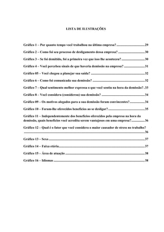 LISTA DE ILUSTRAÇÕES



Gráfico 1 – Por quanto tempo você trabalhou na última empresa? .................................. 29

Gráfico 2 – Como foi seu processo de desligamento dessa empresa? ................................ 30

Gráfico 3 – Se foi demitido, foi a primeira vez que isso lhe aconteceu? ............................ 30

Gráfico 4 – Você percebeu sinais de que haveria demissão na empresa? ......................... 31

Gráfico 05 – Você chegou a planejar sua saída? ................................................................. 32

Gráfico 6 – Como foi comunicada sua demissão? ............................................................... 32

Gráfico 7 – Qual sentimento melhor expressa o que você sentiu na hora da demissão? . 33

Gráfico 8 – Você considera (considerou) sua demissão? .................................................... 34

Gráfico 09 – Os motivos alegados para a sua demissão foram convincentes? .................. 34

Gráfico 10 – Foram-lhe oferecidos benefícios ao se desligar? ............................................ 35

Gráfico 11 – Independentemente dos benefícios oferecidos pela empresa na hora da
demissão, quais benefícios você acredita serem vantajosos em uma empresa? ................ 36

Gráfico 12 – Qual é o fator que você considera o maior causador de stress no trabalho?
.................................................................................................................................................. 36

Gráfico 13 – Sexo .................................................................................................................... 37

Gráfico 14 – Faixa etária........................................................................................................ 37

Gráfico 15 – Área de atuação ................................................................................................ 38

Gráfico 16 – Idiomas .............................................................................................................. 38
 