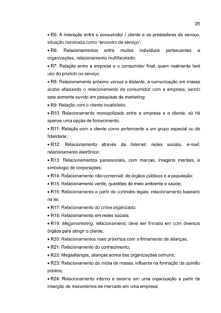 26

• R5: A interação entre o consumidor / cliente e os prestadores de serviço,
situação nominada como “encontro de serviço”;
• R6:      Relacionamentos       entre   muitos    indivíduos     pertencentes    a
organizações, relacionamento multifacetado;
• R7: Relação entre a empresa e o consumidor final, quem realmente fará
uso do produto ou serviço;
• R8: Relacionamento próximo versus o distante, a comunicação em massa
acaba afastando o relacionamento do consumidor com a empresa, sendo
este somente ouvido em pesquisas de marketing;
• R9: Relação com o cliente insatisfeito;
• R10: Relacionamento monopolizado entre a empresa e o cliente, só há
apenas uma opção de fornecimento;
• R11: Relação com o cliente como pertencente a um grupo especial ou de
fidelidade;
• R12:     Relacionamento    através     da   Internet,   redes   sociais,   e-mail,
relacionamento eletrônico;
• R13: Relacionamentos parassociais, com marcas, imagens mentais, e
simbologia de corporações;
• R14: Relacionamento não-comercial, de órgãos públicos e a população;
• R15: Relacionamento verde, questões de meio ambiente e saúde;
• R16: Relacionamento a partir de controles legais, relacionamento baseado
na lei;
• R17: Relacionamento do crime organizado;
• R18: Relacionamento em redes sociais;
• R19: Megamarketing, relacionamento deve ser firmado em com diversos
órgãos para atingir o cliente;
• R20: Relacionamentos mais próximos com o firmamento de alianças;
• R21: Relacionamento do conhecimento;
• R22: Megaalianças, alianças acima das organizações comuns;
• R23: Relacionamento da mídia de massa, influente na formação da opinião
pública;
• R24: Relacionamento interno e externo em uma organização a partir de
inserção de mecanismos de mercado em uma empresa;
 
