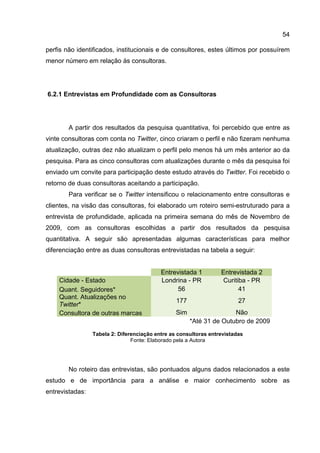 54

perfis não identificados, institucionais e de consultores, estes últimos por possuírem
menor número em relação às consultoras.




6.2.1 Entrevistas em Profundidade com as Consultoras




        A partir dos resultados da pesquisa quantitativa, foi percebido que entre as
vinte consultoras com conta no Twitter, cinco criaram o perfil e não fizeram nenhuma
atualização, outras dez não atualizam o perfil pelo menos há um mês anterior ao da
pesquisa. Para as cinco consultoras com atualizações durante o mês da pesquisa foi
enviado um convite para participação deste estudo através do Twitter. Foi recebido o
retorno de duas consultoras aceitando a participação.
        Para verificar se o Twitter intensificou o relacionamento entre consultoras e
clientes, na visão das consultoras, foi elaborado um roteiro semi-estruturado para a
entrevista de profundidade, aplicada na primeira semana do mês de Novembro de
2009, com as consultoras escolhidas a partir dos resultados da pesquisa
quantitativa. A seguir são apresentadas algumas características para melhor
diferenciação entre as duas consultoras entrevistadas na tabela a seguir:


                                           Entrevistada 1         Entrevistada 2
    Cidade - Estado                        Londrina - PR           Curitiba - PR
    Quant. Seguidores*                           56                      41
    Quant. Atualizações no
                                                 177                     27
    Twitter*
    Consultora de outras marcas                  Sim                  Não
                                                       *Até 31 de Outubro de 2009
                 Tabela 2: Diferenciação entre as consultoras entrevistadas
                                Fonte: Elaborado pela a Autora




        No roteiro das entrevistas, são pontuados alguns dados relacionados a este
estudo e de importância para a análise e maior conhecimento sobre as
entrevistadas:
 