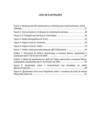 LISTA DE ILUSTRAÇÕES




Figura 1: Mudança dos 4Ps tradicionais se marketing para relacionamentos, rede e
interação ...................................................................................................................27
Figura 2: Comunicações e o triângulo de marketing de serviços .......................... ....29
Figura 3: O Triângulo dos Serviços e a tecnologia....................................................30
Figura 4: Dados demográficos do Orkut....................................................................39
Figura 5: Página inicial do Facebook ........................................................................40
Figura 6: Página inicial do Twitter .............................................................................43
Figura 7: Twitter criado para esta pesquisa, @TCCMarketing. .................................45
Gráfico 1: Percentual de twitters relacionados a empresa Natura, cadastrados e
atualizados até 31 de Outubro de 2009 ....................................................................51
Gráfico 2: Média de seguidores por perfil do Twitter relacionado a empresa Natura,
cadastrados e atualizados até 31 de Outubro de 2009 .............................................52
Figura 8: Atualização sobre o encerramento das atividades do twitter
@naturamaquiador ...................................................................................................60
Figura 9: @naturanet avisa seus seguidores sobre a mudança do local do evento
Natura Nós About Us ................................................................................................61
 