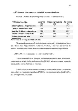 37
4.5Práticas de enfermagem no cuidado à pessoa ostomizada
Tabela 5 – Práticas de enfermagem no cuidado à pessoa ostomizada
PRÁTICA AVALIADA SEMPRE
(%)
FREQUENTEMENTE
(%)
ÀS VEZES
(%)
Observação da pele periestoma 24,3 44 31,7
Limpeza adequada da pele 51,4 37,8 10,8
Medição do diâmetro do estoma 16,2 54,1 29,7
Ensino sobre sinais de alerta 51,4 37,8 10,8
Ensino estruturado para
autocuidado
48,6 21,7 29,7
Fonte: Dados da investigação, SPSS v.27, 2025.
A limpeza adequada da pele periestoma e o ensino sobre sinais de alerta foram
as práticas mais frequentemente realizadas. Contudo, a medição sistemática do
estoma e o ensino estruturado do autocuidado apresentaram menor regularidade.
4.6Dificuldades percebidas e necessidades formativas
O Gráfico 1 evidencia as principais dificuldades percebidas pelos enfermeiros,
destacando-se a falta de formação específica(35,14%), a insegurança na prestação
dos cuidados e a insuficiência de materiais.
O Gráfico 2 demonstra que as principais necessidades formativas identificadas
concentram-se no uso de dispositivos(27,03%),o manejo das complicações(24,32%),
e a educaçãoem autocuidado.
 