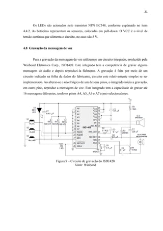 21



       Os LEDs são acionados pelo transistor NPN BC548, conforme explanado no item
4.4.2. As botoeiras representam os sensores, colocadas em pull-down. O VCC é o nível de
tensão contínua que alimenta o circuito, no caso são 5 V.


4.8 Gravação da mensagem de voz


       Para a gravação da mensagem de voz utilizamos um circuito integrado, produzido pela
Winbond Eletronics Corp., ISD1420. Este integrado tem a competência de gravar alguma
mensagem de áudio e depois reproduzi-la fielmente. A gravação é feita por meio de um
circuito indicado na folha de dados do fabricante, circuito este relativamente simples se ser
implementado. Ao alterar-se o nível lógico de um de seus pinos, o integrado inicia a gravação,
em outro pino, reproduz a mensagem de voz. Este integrado tem a capacidade de gravar até
16 mensagens diferentes, tendo os pinos A4, A5, A6 e A7 como selecionadores.




                         Figura 9 – Circuito de gravação do ISD1420
                                       Fonte: Winbond
 