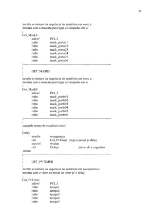 31



;recebe o número da sequência do semáforo em wseq e
;retorna com a mascara para ligar as lâmpadas em w
;
Get_MaskA
         addwf             PCL,f
         retlw             mask_porta01
         retlw             mask_porta02
         retlw             mask_porta03
         retlw             mask_porta04
         retlw             mask_porta05
         retlw             mask_porta06
;------------------------------------------------------------------------------------
;
;        GET_MASKB
;
;recebe o número da sequência do semáforo em wseq e
;retorna com a mascara para ligar as lâmpadas em w
;
Get_MaskB
         addwf             PCL,f
         retlw             mask_portb01
         retlw             mask_portb02
         retlw             mask_portb03
         retlw             mask_portb04
         retlw             mask_portb05
         retlw             mask_portb06
;------------------------------------------------------------------------------------
;
;aguarda tempo da sequência atual
;
Delay
         movfw             wsequencia
         call              Get_PvTimer ;pega o preset p/ delay
         movwf             wtimer
         call              Delays                    ;atraso de x segundos
 return
;------------------------------------------------------------------------------------
;
;        GET_PVTIMER
;
;recebe o número da sequência do semáforo em wsequencia e
;retorna com o valor do preset do timer p/ o delay
;
Get_PvTimer
         addwf             PCL,f
         retlw             tempo1
         retlw             tempo2
         retlw             tempo3
         retlw             tempo4
         retlw             tempo5
 