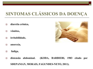 SINTOMAS CLÁSSICOS DA DOENÇA


diarréia crônica,



vômitos,



irritabilidade,



anorexia,





fadiga,
distensão abdominal.

(KODA, BARBIERI, 1983 citado por

SDEPANIAN, MORAIS, FAGUNDES-NETO, 2011).

 
