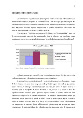 13
4 DISCUSSÃO DOS RESULTADOS
Conforme dados disponibilizados pela empresa - todas as unidades fabris da Unilever
desenvolvem dentro do programa de sustentabilidade - uma avaliação por amostragem das
emissões atmosféricas dos caminhões dos fornecedores, para análise da intensidade de fumaça
preta. Quando é detectada alguma irregularidade, a empresa responsável é informada por
meio de um comunicado e deve providenciar a correção.
De acordo com Painel Intergovernamental de Mudanças Climáticas (IPCC), a queima
de combustíveis pelo transporte é a terceira maior fonte de poluentes que contribuem para o
aquecimento global, atrás da geração de energia e da produção industrial, conforme Figura 5:
Figura 5: Gráfico Mudanças Climáticas IPCC. Fonte: Adaptado pelos próprios autores.
No Brasil, automóveis, caminhões, navios e aviões representam 9% dos gases-estufa,
perdendo apenas para o desmatamento e mudanças no uso da terra.
O setor de transportes está acordando - os compradores externos olham para a cadeia
de fornecimento com uma visão integrada dando preferência para fornecedores que emitem
menos carbono. A estratégia é comprar de quem está perto, em função de menor emissão de
poluentes com o transporte. A maior distância só se justifica se o valor do frete for
significativamente reduzido, pois a poluição significa custo e o carbono é mais um item
considerado nas políticas de compras sustentáveis. A tendência ganha força em países que
assumiram metas para reduzir gazes do efeito estufa no Protocolo de Kyoto - além da
regulação imposta pelos governos, com regras para evitar emissões, o tema transformou-se
em instrumento de mercado. Como efeito-dominó, está presente não apenas nos planos
estratégicos e de sustentabilidade das indústrias, envolve também o setor de transporte de
Mudanças Climaticas - IPCC
14%
21%
17%
0%
5%
10%
15%
20%
25%
Queima de combustível pelo
transporte
Geração Energia
Produção Industrial
 