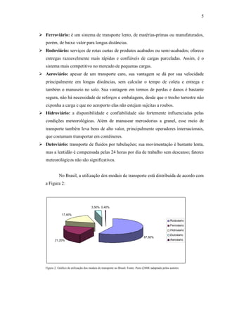 5
Ferroviário: é um sistema de transporte lento, de matérias-primas ou manufaturados,
porém, de baixo valor para longas distâncias.
Rodoviário: serviços de rotas curtas de produtos acabados ou semi-acabados; oferece
entregas razoavelmente mais rápidas e confiáveis de cargas parceladas. Assim, é o
sistema mais competitivo no mercado de pequenas cargas.
Aeroviário: apesar de um transporte caro, sua vantagem se dá por sua velocidade
principalmente em longas distâncias, sem calcular o tempo de coleta e entrega e
também o manuseio no solo. Sua vantagem em termos de perdas e danos é bastante
segura, não há necessidade de reforços e embalagens, desde que o trecho terrestre não
exponha a carga e que no aeroporto elas não estejam sujeitas a roubos.
Hidroviário: a disponibilidade e confiabilidade são fortemente influenciadas pelas
condições meteorológicas. Além de manusear mercadorias a granel, esse meio de
transporte também leva bens de alto valor, principalmente operadores internacionais,
que costumam transportar em contêineres.
Dutoviário: transporte de fluidos por tubulações; sua movimentação é bastante lenta,
mas a lentidão é compensada pelas 24 horas por dia de trabalho sem descanso; fatores
meteorológicos não são significativos.
No Brasil, a utilização dos modais de transporte está distribuída de acordo com
a Figura 2:
57,50%
21,20%
17,40%
3,50% 0,40%
Rodoviario
Ferroviario
Hidroviario
Dutoviario
Aeroviario
Figura 2: Gráfico de utilização dos modais de transporte no Brasil. Fonte: Pozo (2004) adaptado pelos autores
 