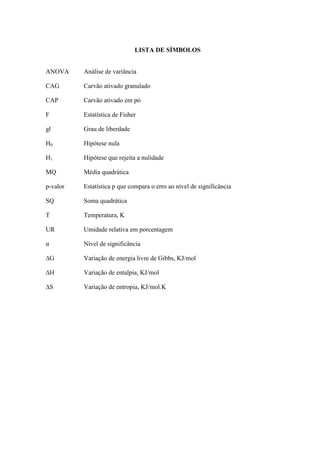 LISTA DE SÍMBOLOS
ANOVA

Análise de variância

CAG

Carvão ativado granulado

CAP

Carvão ativado em pó

F

Estatística de Fisher

gl

Grau de liberdade

H0

Hipótese nula

H1

Hipótese que rejeita a nulidade

MQ

Média quadrática

p-valor

Estatística p que compara o erro ao nível de significância

SQ

Soma quadrática

T

Temperatura, K

UR

Umidade relativa em porcentagem

α

Nível de significância

∆G

Variação de energia livre de Gibbs, KJ/mol

∆H

Variação de entalpia, KJ/mol

∆S

Variação de entropia, KJ/mol.K

 