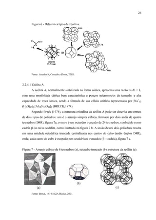 26

Figura 6 - Diferentes tipos de zeolitas.

Fonte: Auerbach, Carrado e Dutta, 2003.

2.2.4.1 Zeólita A
A zeólita A, normalmente sintetizada na forma sódica, apresenta uma razão Si/Al = 1,
com uma morfologia cúbica bem característica e poucos micrometros de tamanho e alta
capacidade de troca iônica, sendo a fórmula de sua célula unitária representada por |Na+12
(H2O)27|8 [Al12Si12O48]8 (BRECK,1974).
Segundo Breck (1974), a estrutura cristalina da zeólita A pode ser descrita em termos
de dois tipos de poliedros: um é o arranjo simples cúbico, formado por dois anéis de quatro
tetraedros (D4R), figura 7a, o outro é um octaedro truncado de 24 tetraedros, conhecido como
cadeia β ou caixa sodalita, como ilustrado na figura 7 b. A união destes dois poliedros resulta
em uma unidade octaédrica truncada centralizada nos cantos do cubo (anéis duplos D4R),
onde, cada canto do cubo é ocupado por octaédricos truncados (β – cadeia), figura 7 c.

Figura 7 - Arranjo cúbico de 8 tetraedros (a), octaedro truncado (b), estrutura da zeólita (c).

Fonte: Breck, 1974 e IZA Books, 2001.

 