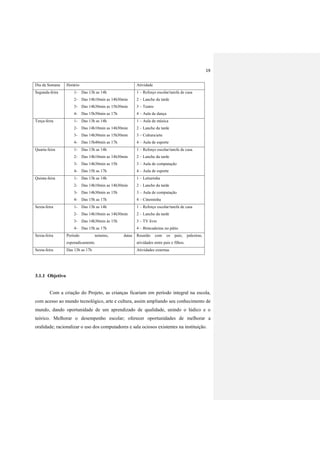 19
Dia da Semana Horário Atividade
Segunda-feira 1- Das 13h as 14h
2- Das 14h10min as 14h30min
3- Das 14h30min as 15h30min
4- Das 15h30min as 17h
1 – Reforço escolar/tarefa de casa
2 – Lanche da tarde
3 – Teatro
4 – Aula de dança
Terça-feira 1- Das 13h as 14h
2- Das 14h10min as 14h30min
3- Das 14h30min as 15h30min
4- Das 15h40min as 17h
1 – Aula de música
2 – Lanche da tarde
3 – Cultura/arte
4 – Aula de esporte
Quarta-feira 1- Das 13h as 14h
2- Das 14h10min as 14h30min
3- Das 14h30min as 15h
4- Das 15h as 17h
1 – Reforço escolar/tarefa de casa
2 – Lanche da tarde
3 – Aula de computação
4 – Aula de esporte
Quinta-feira 1- Das 13h as 14h
2- Das 14h10min as 14h30min
3- Das 14h30min as 15h
4- Das 15h as 17h
1 – Leiturinha
2 – Lanche da tarde
3 – Aula de computação
4 – Cineminha
Sexta-feira 1- Das 13h as 14h
2- Das 14h10min as 14h30min
3- Das 14h30min às 15h
4- Das 15h as 17h
1 – Reforço escolar/tarefa de casa
2 – Lanche da tarde
3 – TV livre
4 – Brincadeiras no pátio
Sexta-feira Período noturno, datas
esporadicamente.
Reunião com os pais; palestras,
atividades entre pais e filhos.
Sexta-feira Das 13h as 17h Atividades externas
3.1.1 Objetivo
Com a criação do Projeto, as crianças ficariam em período integral na escola,
com acesso ao mundo tecnológico, arte e cultura, assim ampliando seu conhecimento de
mundo, dando oportunidade de um aprendizado de qualidade, unindo o lúdico e o
teórico. Melhorar o desempenho escolar; oferecer oportunidades de melhorar a
oralidade; racionalizar o uso dos computadores e sala ociosos existentes na instituição.
 