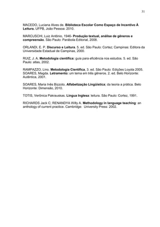 31
MACEDO, Luciana Alves de. Biblioteca Escolar Como Espaço de Incentivo À
Leitura. UFPB, João Pessoa: 2010.
MARCUSCHI, Luiz Antônio, 1946- Produção textual, análise de gêneros e
compreensão. São Paulo: Parábola Editorial, 2008.
ORLANDI, E. P. Discurso e Leitura. 5. ed. São Paulo: Cortez; Campinas: Editora da
Universidade Estadual de Campinas, 2000.
RUIZ, J. A. Metodologia científica: guia para eficiência nos estudos. 5. ed. São
Paulo: atlas, 2002.
RAMPAZZO, Lino. Metodologia Científica, 3. ed. São Paulo: Edições Loyola 2005.
SOARES, Magda. Letramento: um tema em três gêneros. 2. ed. Belo Horizonte:
Autêntica, 2001.
SOARES, Maria Inês Bizzoto, Alfabetização Lingüística; da teoria a prática. Belo
Horizonte: Dimensão, 2010.
TOTIS, Verônica Pakrauskas. Língua Inglesa: leitura. São Paulo: Cortez, 1991.
RICHARDS Jack C; RENANDYA Willy A. Methodology in language teaching: an
anthology of current practice. Cambridge: University Press: 2002.
 