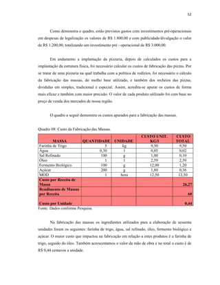 52
Como demonstra o quadro, estão previstos gastos com investimentos pré-operacionais
em despesas de legalização os valores de R$ 1.800,00 e com publicidade/divulgação o valor
de R$ 1.200,00, totalizando um investimento pré - operacional de R$ 3.000,00.
Em andamento a implantação da pizzaria, depois de calculados os custos para a
implantação da estrutura física, foi necessário calcular os custos de fabricação das pizzas. Por
se tratar de uma pizzaria na qual trabalha com a política de rodízios, foi necessário o cálculo
da fabricação das massas, do molho base utilizado, e também dos recheios das pizzas,
divididas em simples, tradicional e especial. Assim, acredita-se apurar os custos de forma
mais eficaz e também com maior precisão. O valor de cada produto utilizado foi com base no
preço de venda dos mercados de nossa região.
O quadro a seguir demonstra os custos apurados para a fabricação das massas.
Quadro 08: Custo da Fabricação das Massas.
MASSA QUANTIDADE UNIDADE
CUSTO UNIT.
KG/l
CUSTO
TOTAL
Farinha de Trigo 5 kg 9,50 9,50
Água 0,30 l 0,05 0,02
Sal Refinado 100 g 1,00 0,10
Óleo 1 l 2,59 2,59
Fermento Biológico 100 g 12,00 1,20
Açúcar 200 g 1,80 0,36
MOD 1 hora 12,50 12,50
Custo por Receita de
Massa 26,27
Rendimento de Massas
por Receita 60
Custo por Unidade 0,44
Fonte: Dados conforme Pesquisa.
Na fabricação das massas os ingredientes utilizados para a elaboração de sessenta
unidades foram os seguintes: farinha de trigo, água, sal refinado, óleo, fermento biológico e
açúcar. O maior custo que impactou na fabricação em relação a estes produtos é a farinha de
trigo, seguido do óleo. Também acrescentamos o valor da mão de obra e no total o custo é de
R$ 0,44 centavos a unidade.
 