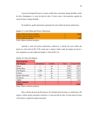 58
A pizza de strogonoff usou-se a massa, molho base, mussarela, frango desfiado, creme
de leite, champignon e o custo da mão de obra. O maior custo é da mussarela, seguido do
creme de leite e frango desfiado.
Na seqüência, quadro demonstra a apuração do custo médio das pizzas tradicionais.
Quadro 21: Custo Médio das Pizzas Tradicionais
Custo médio das pizzas Simples 12,50
Número médio pedaços por pizza 8
Custo médio por pedaço 1,56
Fonte: Dados conforme pesquisa.
Apurado o custo das pizzas tradicionais, realizou-se o cálculo do custo médio das
pizzas no valor total de R$ 12,50, sendo que o número médio usado de pedaço por pizza é
oito, chegamos ao custo médio por pedaço o valor de R$ 1,56.
Quadro 22: Pizza Filé Mignon
Pizza Especial
Filé Mignon Quantidade Unidade Valor Custo Total
Massa 1 un 0,44 0,44
Molho Base 1 un 0,61 0,61
Filé Mignon 0,300 gr 21,00 6,30
Cebola 1 un 0,15 0,15
Queijo Mussarela 0,250 gr 14,60 3,65
Azeitonas 5 un 0,07 0,35
MOD 1,54
Custo Total por
Unidade 13,04
Fonte: Dados conforme pesquisa.
Para o cálculo da pizza de filé mignon, foi utilizado além da massa e o molho base, filé
mignon, cebola, queijo mussarela, azeitonas e o custo da mão de obra. O custo maior foi para
o filé mignon, seguido do queijo mussarela.
 