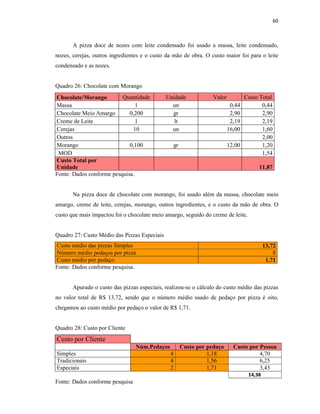 60
A pizza doce de nozes com leite condensado foi usado a massa, leite condensado,
nozes, cerejas, outros ingredientes e o custo da mão de obra. O custo maior foi para o leite
condensado e as nozes.
Quadro 26: Chocolate com Morango
Chocolate/Morango Quantidade Unidade Valor Custo Total
Massa 1 un 0,44 0,44
Chocolate Meio Amargo 0,200 gr 2,90 2,90
Creme de Leite 1 lt 2,19 2,19
Cerejas 10 un 16,00 1,60
Outros 2,00
Morango 0,100 gr 12,00 1,20
MOD 1,54
Custo Total por
Unidade 11,87
Fonte: Dados conforme pesquisa.
Na pizza doce de chocolate com morango, foi usado além da massa, chocolate meio
amargo, creme de leite, cerejas, morango, outros ingredientes, e o custo da mão de obra. O
custo que mais impactou foi o chocolate meio amargo, seguido do creme de leite.
Quadro 27: Custo Médio das Pizzas Especiais
Custo médio das pizzas Simples 13,72
Número médio pedaços por pizza 8
Custo médio por pedaço 1,71
Fonte: Dados conforme pesquisa.
Apurado o custo das pizzas especiais, realizou-se o cálculo do custo médio das pizzas
no valor total de R$ 13,72, sendo que o número médio usado de pedaço por pizza é oito,
chegamos ao custo médio por pedaço o valor de R$ 1,71.
Quadro 28: Custo por Cliente
Custo por Cliente
Núm.Pedaços Custo por pedaço Custo por Pessoa
Simples 4 1,18 4,70
Tradicionais 4 1,56 6,25
Especiais 2 1,71 3,43
14,38
Fonte: Dados conforme pesquisa
 