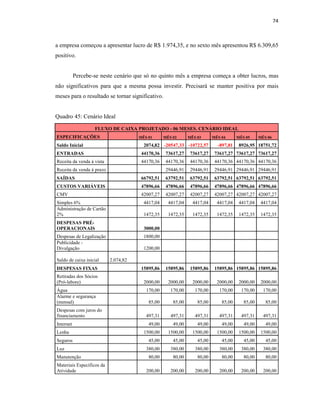 74
a empresa começou a apresentar lucro de R$ 1.974,35, e no sexto mês apresentou R$ 6.309,65
positivo.
Percebe-se neste cenário que só no quinto mês a empresa começa a obter lucros, mas
não significativos para que a mesma possa investir. Precisará se manter positiva por mais
meses para o resultado se tornar significativo.
Quadro 45: Cenário Ideal
FLUXO DE CAIXA PROJETADO - 06 MESES. CENÁRIO IDEAL
ESPECIFICAÇÕES MÊS 01 MÊS 02 MÊS 03 MÊS 04 MÊS 05 MÊS 06
Saldo Inicial 2074,82 -20547,33 -10722,57 -897,81 8926,95 18751,72
ENTRADAS 44170,36 73617,27 73617,27 73617,27 73617,27 73617,27
Receita da venda á vista 44170,36 44170,36 44170,36 44170,36 44170,36 44170,36
Receita da venda á prazo 29446,91 29446,91 29446,91 29446,91 29446,91
SAÍDAS 66792,51 63792,51 63792,51 63792,51 63792,51 63792,51
CUSTOS VARIÁVEIS 47896,66 47896,66 47896,66 47896,66 47896,66 47896,66
CMV 42007,27 42007,27 42007,27 42007,27 42007,27 42007,27
Simples 6% 4417,04 4417,04 4417,04 4417,04 4417,04 4417,04
Administração de Cartão
2% 1472,35 1472,35 1472,35 1472,35 1472,35 1472,35
DESPESAS PRÉ-
OPERACIONAIS 3000,00
Despesas de Legalização 1800,00
Publicidade -
Divulgação 1200,00
Saldo de caixa inicial 2.074,82
DESPESAS FIXAS 15895,86 15895,86 15895,86 15895,86 15895,86 15895,86
Retiradas dos Sócios
(Pró-labore) 2000,00 2000,00 2000,00 2000,00 2000,00 2000,00
Água 170,00 170,00 170,00 170,00 170,00 170,00
Alarme e segurança
(mensal) 85,00 85,00 85,00 85,00 85,00 85,00
Despesas com juros do
financiamento 497,31 497,31 497,31 497,31 497,31 497,31
Internet 49,00 49,00 49,00 49,00 49,00 49,00
Lenha 1500,00 1500,00 1500,00 1500,00 1500,00 1500,00
Seguros 45,00 45,00 45,00 45,00 45,00 45,00
Luz 380,00 380,00 380,00 380,00 380,00 380,00
Manutenção 80,00 80,00 80,00 80,00 80,00 80,00
Materiais Específicos da
Atividade 200,00 200,00 200,00 200,00 200,00 200,00
 