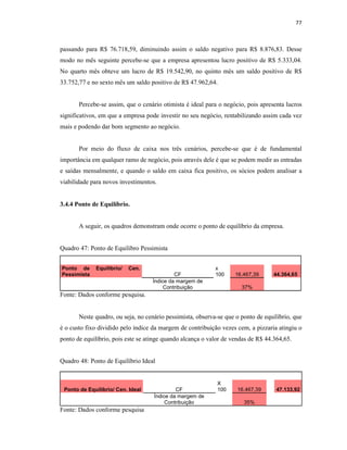 77
passando para R$ 76.718,59, diminuindo assim o saldo negativo para R$ 8.876,83. Desse
modo no mês seguinte percebe-se que a empresa apresentou lucro positivo de R$ 5.333,04.
No quarto mês obteve um lucro de R$ 19.542,90, no quinto mês um saldo positivo de R$
33.752,77 e no sexto mês um saldo positivo de R$ 47.962,64.
Percebe-se assim, que o cenário otimista é ideal para o negócio, pois apresenta lucros
significativos, em que a empresa pode investir no seu negócio, rentabilizando assim cada vez
mais e podendo dar bom segmento ao negócio.
Por meio do fluxo de caixa nos três cenários, percebe-se que é de fundamental
importância em qualquer ramo de negócio, pois através dele é que se podem medir as entradas
e saídas mensalmente, e quando o saldo em caixa fica positivo, os sócios podem analisar a
viabilidade para novos investimentos.
3.4.4 Ponto de Equilíbrio.
A seguir, os quadros demonstram onde ocorre o ponto de equilíbrio da empresa.
Quadro 47: Ponto de Equilibro Pessimista
Ponto de Equilibrio/ Cen.
Pessimista CF
x
100 16.467,39 44.364,65
Índice da margem de
Contribuição 37%
Fonte: Dados conforme pesquisa.
Neste quadro, ou seja, no cenário pessimista, observa-se que o ponto de equilíbrio, que
é o custo fixo dividido pelo índice da margem de contribuição vezes cem, a pizzaria atingiu o
ponto de equilíbrio, pois este se atinge quando alcança o valor de vendas de R$ 44.364,65.
Quadro 48: Ponto de Equilíbrio Ideal
Fonte: Dados conforme pesquisa
Ponto de Equilíbrio/ Cen. Ideal CF
X
100 16.467,39 47.133,92
Índice da margem de
Contribuição 35%
 
