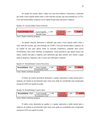79
No quadro do cenário ideal o índice tem uma boa melhora e demonstra o indicador
que mede o lucro líquido médio sobre o valor total das receitas, que está estimada em 12,57%.
Com esta lucratividade a empresa vai ter capital de giro para alavancar o negócio.
Quadro 52: Lucratividade Cenário Otimista
Lucratividade (%)= Lucro Líquido x 100 13.637,94 x 100 = 15,00%
Receita Total 90.928,46
Fonte: Dados conforme pesquisa.
No quadro otimista, demonstra o indicador que mede o lucro líquido médio sobre o
valor total das receitas, que está estimada em 15,00%. Com esta lucratividade a empresa vai
ter capital de giro para operar frente ao mercado competitivo, podendo fazer novos
investimentos, bem como reformas ou ampliações. Assim percebe-se que quanto maior este
índice, melhor será para a empresa, pois demonstra que após realizar suas vendas e pagar
todas as despesas e impostos, este é o lucro que sobra para a empresa.
Quadro 53: Rentabilidade Cenário Pessimista
Rentabilidade (%)= Lucro Líquido x 100 956,83 x 100 = 0,96%
Investimento Total 100.000,00
Fonte: Dados conforme pesquisa.
O índice no cenário pessimista demonstra o quanto representa a renda mensal para a
empresa, em relação ao investimento total, nesse caso, pode ser considerado uma recuperação
mensal de 0,96% do capital investido.
Quadro 54: Rentabilidade Cenário Ideal
Rentabilidade (%)= Lucro Líquido x 100 9.252,83 x 100 = 9,25%
Investimento Total 100.000,00
Fonte: Dados conforme pesquisa
O índice como demonstra no quadro, é o quanto representa a renda mensal para a
empresa, em relação ao investimento total, nesse caso, pode ser considerado uma recuperação
mensal de 9,25% do capital investido.
 