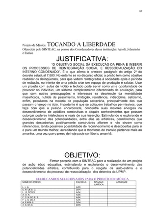 69




Projeto de Música:  TOCANDO A LIBERDADE
Oferecido pelo SINTEAC, na pessoa dos Coordenadores dessa instituição: Acioli, Joãozinho
e Eurico

                         JUSTIFICATIVA:
                      ―O OBJETIVO SOCIAL DA EXECUÇÃO DA PENA É INSERIR
OS PROCESSOS DE REINTEGRAÇÃO SOCIAL E RESSOCIALIZAÇÃO DO
INTERNO CONDENADO‖. É o que afirma o primeiro parágrafo do artigo 2º do
decreto estadual 7.880. No entanto se no discurso oficial, a prisão tem como objetivo
reabilitar os delinqüentes, para que voltem reintegrados á sociedade após o período
de reclusão, no interior de uma prisão criar um espaço de produção é salutar. Usar
um projeto com aulas de violão e teclado pode servir como uma oportunidade de
provocar no indivíduo, um sistema completamente diferenciado de educação, para
que com outras preocupações e interesses se desvincule da mentalidade
massificada, nutrida de pessimismo, limitação, resistência, indisciplina, ceticismo,
enfim, peculiares na maioria da população carcerária, principalmente dos que
passam o tempo no ócio. Importante é que se apliquem trabalhos permissivos, que
faça com que a pessoa encarcerada, concentre suas maiores energias no
desenvolvimento de aptidões construtivas e adquira conhecimentos que possam
outorgar poderes intelectuais e reais de sua inserção. Estimulando e explorando o
desenvolvimento das potencialidades, entre elas as artísticas, permitiremos que
grandes descobertas positivamente construtivas aflorem e não sirvam como
referenciais, tendo possíveis possibilidade de reconhecimento e descobertas para si
e para um mundo melhor, acreditando que o momento de transito pertence mais ao
amanha, uma vez que o preso de hoje pode ser liberto amanhã.




                               OBJETIVO:
                  Firmar parceria com o SINTEAC para a realização de um projeto
de ação sócio educativa, estimulando e explorando o desenvolvimento das
potencialidades artística, contribuindo para o resgate da auto-estima e o
desenvolvimento do processo de ressocialização dos detentos da UPMP.

             REEDUCANDOS SELECIONADOS PARA O PROJETO DE MÚSICA
NOME DO PRESO                           PAV/CELA     SITAÇÃO          ATIVIDADE
                                                     JURÍDICA
L. L. A.                                A/03
E. R. DE S. G.                          D/04
L. G. DOS S.                            A/04
A. O. N.                                A/05
F. C. N. DO E. S.                       A/04
F. L. G. DE A.                          A/05
A. P.ADA S.                             D/04
A. S. DA S.                             D/05
 