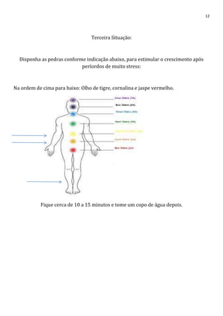 12
Terceira Situação:
Disponha as pedras conforme indicação abaixo, para estimular o crescimento após
períordos de muito stress:
Na ordem de cima para baixo: Olho de tigre, cornalina e jaspe vermelho.
Fique cerca de 10 a 15 minutos e tome um copo de água depois.
 