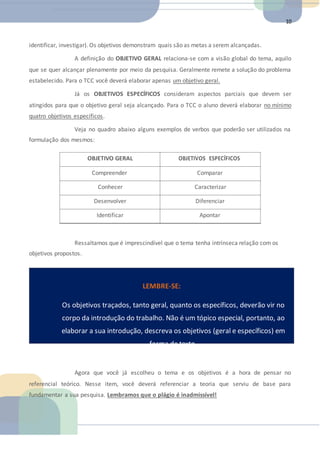 10
identificar, investigar). Os objetivos demonstram quais são as metas a serem alcançadas.
A definição do OBJETIVO GERAL relaciona-se com a visão global do tema, aquilo
que se quer alcançar plenamente por meio da pesquisa. Geralmente remete a solução do problema
estabelecido. Para o TCC você deverá elaborar apenas um objetivo geral.
Já os OBJETIVOS ESPECÍFICOS consideram aspectos parciais que devem ser
atingidos para que o objetivo geral seja alcançado. Para o TCC o aluno deverá elaborar no mínimo
quatro objetivos específicos.
Veja no quadro abaixo alguns exemplos de verbos que poderão ser utilizados na
formulação dos mesmos:
OBJETIVO GERAL OBJETIVOS ESPECÍFICOS
Compreender Comparar
Conhecer Caracterizar
Desenvolver Diferenciar
Identificar Apontar
Ressaltamos que é imprescindível que o tema tenha intrínseca relação com os
objetivos propostos.
LEMBRE-SE:
Os objetivos traçados, tanto geral, quanto os específicos, deverão vir no
corpo da introdução do trabalho. Não é um tópico especial, portanto, ao
elaborar a sua introdução, descreva os objetivos (geral e específicos) em
forma de texto.
Agora que você já escolheu o tema e os objetivos é a hora de pensar no
referencial teórico. Nesse item, você deverá referenciar a teoria que serviu de base para
fundamentar a sua pesquisa. Lembramos que o plágio é inadmissível!
 