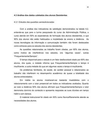 32
4.3 Análise dos dados coletados dos alunos Desistentes
4.3.1 Estudos das questões semiestruturadas
Com a análise dos indicadores de satisfação demonstrados na tabela 4.2,
entende-se que para a turma pesquisada do curso de Administração Pública, o
curso atende em 50% as expectativas de formação dos alunos desistentes, e que
90% dos alunos não estão habituados a modalidade de ensino a distância. As
novas tecnologias da informação e comunicação também não foram destacadas
como entraves para os estudos dos alunos desistentes.
As questões relacionadas ao trabalho foram citadas, por 60% dos alunos,
como motivo de interferência nos estudos, ora “algumas vezes”, outras
“Frequentemente/Sempre”.
O tempo disponível para o estudo é um fator desfavorável citado por 60% dos
alunos, dos quais, a metade informa que Frequentemente/Sempre o tempo é
insuficiente; a outra metade diz que em algumas vezes o tempo é insuficiente.
Os problemas familiares, de saúde, de caráter pessoal e relacionados ao
trabalho não interferem no desempenho acadêmico de quase a totalidade dos
alunos entrevistados.
Em média os alunos mostraram-se bastante insatisfeitos com o
relacionamento com o tutor presencial em todos os indicadores avaliados. Quanto
ao tutor a distância 50% dos alunos afirmam que Frequentemente/Sempre o tutor
demonstra domínio do conteúdo e apresenta respostas as suas dúvidas em tempo
hábil e com clareza.
O material instrucional foi citado em 50% como Nunca/Raramente atende as
necessidades dos alunos.
 