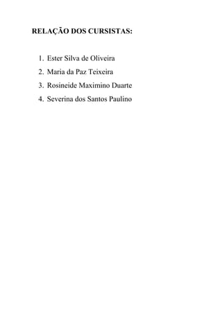 RELAÇÃO DOS CURSISTAS:


 1. Ester Silva de Oliveira
 2. Maria da Paz Teixeira
 3. Rosineide Maximino Duarte
 4. Severina dos Santos Paulino
 