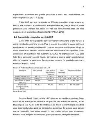 5
exportações aumentam em grande proporção a cada ano, mostrando-se um
mercado promissor (ROTTA, 2008).
O leite UHT tem uma penetração de 80% nos domicílios, e isso se deve ao
fato do leite envasado apresentar uma alta qualidade e segurança alimentar, maior
praticidade para atender aos estilos de vida dos consumidores cada vez mais
ocupados e em constante deslocamento (TETRAPAK, 2010).
2.4. Composição e requisitos para leite UHT
O leite UHT deve apresentar como componente obrigatório o leite de vaca e
como ingrediente opcional o creme. Para o produto é permitido o uso de aditivos e
coadjuvantes de tecnologia/elaboração como os seguintes estabilizantes: citrato de
sódio, monofosfato de sódio, difosfato de sódio, trifosfato de sódio, separados ou em
associação, em quantidade não superior a 0,1 g/100 mL expressos em P2O5. Esse
leite deve apresentar aspecto líquido, cor branca e odor e sabor característicos,
além de respeitar os parâmetros físico-químicos mínimos de qualidade conforme o
Quadro 1 (BRASIL, 1997).
Quadro 1: Parâmetros físico-químicos para leite UHT
Fonte: Brasil, 1997
Segundo Brasil (2006), o leite UHT deve ser submetido as análises físico-
químicas de avaliação de percentual de gordura pelo método de Gerber, acidez
titulável para leite fluído, teste de estabilidade ao álcool e determinação do extrato
seco desengordurado a partir da densidade e percentual de gordura, para garantir
que o consumidor final esteja adquirindo um produto próprio para o consumo
humano e que esteja de acordo com o que é preconizado na legislação vigente.
 