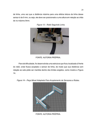 29
de linha, uma vez que a distância máxima para uma efetiva leitura da linha desse
sensor é de 9 mm, ou seja, ele deve ser posicionado a uma altura em relação ao chão
de no máximo 9mm.
Figura 13 – Robô Seguindo Linha.
FONTE: AUTORIA PRÓPRIA.
Para tal dificuldade, foi desenvolvida uma estrutura que ficou localizada à frente
do robô, onde ficava acoplado o sensor de linha, de modo que sua distância com
relação ao solo pôde ser mantida dentro dos limites exigidos, como mostra a Figura
14.
Figura 14 – Peça Móvel Adaptada Para Acoplamento de Sensores e Rodas.
FONTE: AUTORIA PRÓPRIA.
 