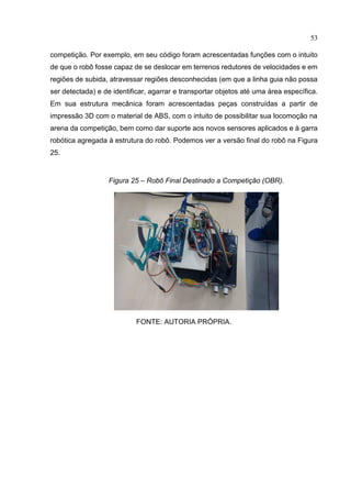 53
competição. Por exemplo, em seu código foram acrescentadas funções com o intuito
de que o robô fosse capaz de se deslocar em terrenos redutores de velocidades e em
regiões de subida, atravessar regiões desconhecidas (em que a linha guia não possa
ser detectada) e de identificar, agarrar e transportar objetos até uma área específica.
Em sua estrutura mecânica foram acrescentadas peças construídas a partir de
impressão 3D com o material de ABS, com o intuito de possibilitar sua locomoção na
arena da competição, bem como dar suporte aos novos sensores aplicados e à garra
robótica agregada à estrutura do robô. Podemos ver a versão final do robô na Figura
25.
Figura 25 – Robô Final Destinado a Competição (OBR).
FONTE: AUTORIA PRÓPRIA.
 