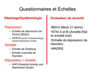 Questionnaires et Echelles 
Dépistage/Epidémiologie 
•Dépression : 
– Echelle de dépression de 
Pichot (QD2A) 
– CES-D (center of Epidemiologic 
studies Depression Scale) 
•Anxiété : 
– Echelle de Goldberg 
– Echelle d’anxiété de 
Hamilton 
•Dépression + Anxiété : 
– HAD (Hospital Anxiety and 
Depression Scale) 
EvaluatEiovna lduea tsioénvérité 
•BDI-II (Beck 21 items) 
•STAI A et B (Anxiété Etat 
et anxiété trait) 
•Echelle de dépression de 
Hamilton 
•MADRS 
 