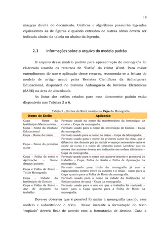 18
margem direita do documento. Gráficos e algoritmos possuirão legendas
equivalentes às de figuras e quando extraídos de outras obras deverá ser
indicada abaixo da tabela ou abaixo da legenda.
2.3 Informações sobre o arquivo do modelo padrão
O arquivo desse modelo padrão para apresentação de monografia foi
elaborado usando os recursos de “Estilo” do editor Word. Para maior
entendimento do uso e aplicação desse recurso, recomenda-se a leitura do
modelo de artigo usado pelas Revistas Científicas da Anhanguera
Educacional, disponível no Sistema Anhanguera de Revistas Eletrônicas
(SARE) na área de downloads.
As listas dos estilos criados para esse documento padrão estão
disponíveis nas Tabelas 2 a 6.
Tabela 2 – Estilos do Word usados na Capa da Monografia
Nome do Estilo Aplicação
Capa – Nome da
Instituição Mantenedora
Formato usado no nome da mantenedora da Instituição de
ensino – Capa da monografia.
Capa – Nome da Unidade
Educacional
Formato usado para o nome da Instituição de Ensino – Capa
da monografia.
Capa – Nome do curso Formato usado para o nome do curso – Capa da Monografia.
Capa – Nome do primeiro
autor
Formato usado para o nome do primeiro autor da obra, que é
diferente dos demais por já incluir o espaço necessário entre o
nome do curso e o nome do primeiro autor. Lembrar que os
nomes dos autores devem ser indicados em ordem alfabética –
Capa da monografia.
Capa – Folha de rosto e
Aprovação – Nome
demais autores
Formato usado para o nome dos autores (exceto o primeiro) do
trabalho – Capa, Folha de Rosto e Folha de Aprovação da
monografia.
Capa e Folha de Rosto –
Título Monografia
Formato usado para título da monografia já com o
espaçamento correto entre os autores e o título – tanto para a
Capa quanto para a Folha de Rosto da monografia.
Capa – Cidade da
Instituição de Ensino
Formato usado para o nome da cidade da Instituição de
Ensino (acima do ano) – Capa da monografia.
Capa e Folha de Rosto –
Ano de depósito do
trabalho
Formato usado para o ano em que o trabalho foi realizado –
tanto para a Capa quanto para a Folha de Rosto da
monografia.
Deve-se observar que é possível formatar a monografia usando esse
modelo e substituindo o texto. Nesse instante a formatação do texto
“copiado” deverá ficar de acordo com a formatação de destino. Caso a
 