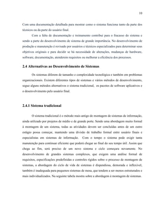10
Com uma documentação detalhada para mostrar como o sistema funciona tanto da parte dos
técnicos ou da parte do usuário final.
Com a falta de documentação e treinamento contribui para o fracasso do sistema e
sendo a parte do desenvolvimento de sistema de grande importância. No desenvolvimento de
produção e manutenção é revisado por usuários e técnicos especializados para determinar seus
objetivos originais e para decidir se há necessidade de alterações, mudanças de hardware,
software, documentação, atenderem requisitos ou melhorar a eficiência dos processos.
2.4 Alternativas ao Desenvolvimento de Sistemas
Os sistemas diferem de tamanho e complexidade tecnológica e também em problemas
organizacionais. Existem diferentes tipos de sistemas e vários métodos de desenvolvimento,
segue alguns métodos alternativos o sistema tradicional, os pacotes de software aplicativos e
o desenvolvimento pelo usuário final.
2.4.1 Sistema tradicional
O sistema tradicional é o método mais antigo de montagem de sistemas de informação,
ainda utilizado por projetos de médio e de grande porte. Sendo uma abordagem muito formal
à montagem de um sistema, todas as atividades devem ser concluídas antes de um outro
estágio possa começar, mantendo uma divisão de trabalho formal entre usuário finais e
especialistas em sistemas de informação. Com o tempo o sistema pode exigir tanta
manutenção para continuar eficiente que poderá chegar ao final do seu tempo útil. Assim que
chega ao fim, será preciso de um novo sistema e ciclo começara novamente. No
desenvolvimento de grandes sistemas complexos, que exigem uma análise formal de
requisitos, especificações predefinidas e controles rígidos sobre o processo de montagem de
sistemas, a abordagem do ciclo de vida de sistemas é dispendiosa, demorada e inflexível,
também é inadequada para pequenos sistemas de mesa, que tendem a ser menos estruturados e
mais individualizados. Na seguinte tabela mostra sobre a abordagem à montagem de sistemas.
 