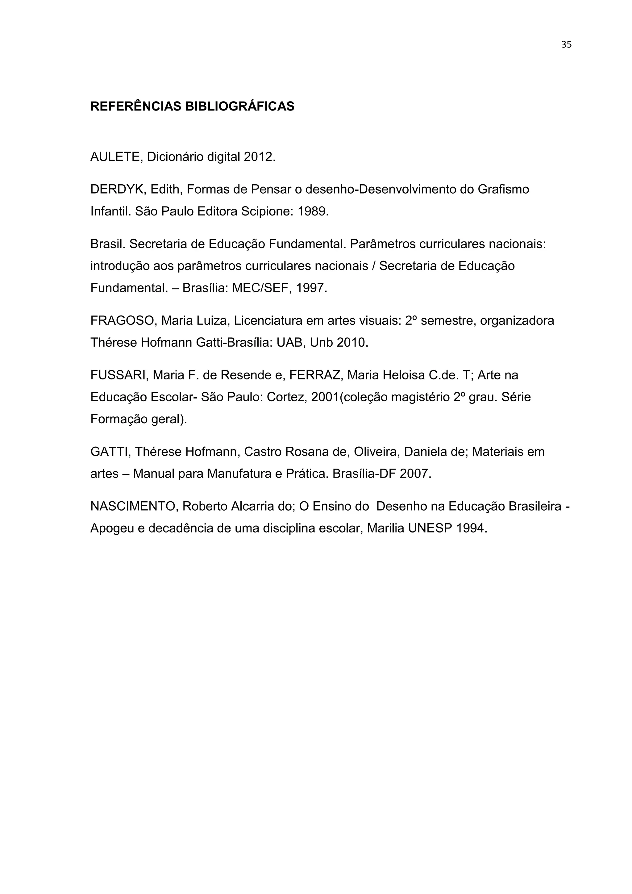 35




REFERÊNCIAS BIBLIOGRÁFICAS


AULETE, Dicionário digital 2012.

DERDYK, Edith, Formas de Pensar o desenho-Desenvolvimento do Grafismo
Infantil. São Paulo Editora Scipione: 1989.

Brasil. Secretaria de Educação Fundamental. Parâmetros curriculares nacionais:
introdução aos parâmetros curriculares nacionais / Secretaria de Educação
Fundamental. – Brasília: MEC/SEF, 1997.

FRAGOSO, Maria Luiza, Licenciatura em artes visuais: 2º semestre, organizadora
Thérese Hofmann Gatti-Brasília: UAB, Unb 2010.

FUSSARI, Maria F. de Resende e, FERRAZ, Maria Heloisa C.de. T; Arte na
Educação Escolar- São Paulo: Cortez, 2001(coleção magistério 2º grau. Série
Formação geral).

GATTI, Thérese Hofmann, Castro Rosana de, Oliveira, Daniela de; Materiais em
artes – Manual para Manufatura e Prática. Brasília-DF 2007.

NASCIMENTO, Roberto Alcarria do; O Ensino do Desenho na Educação Brasileira -
Apogeu e decadência de uma disciplina escolar, Marilia UNESP 1994.
 