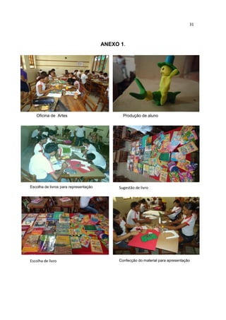 31



                                       ANEXO 1.




   Oficina de Artes                           Produção de aluno




Escolha de livros para representação        Sugestão de livro




Escolha de livro                            Confecção do material para apresentação
 