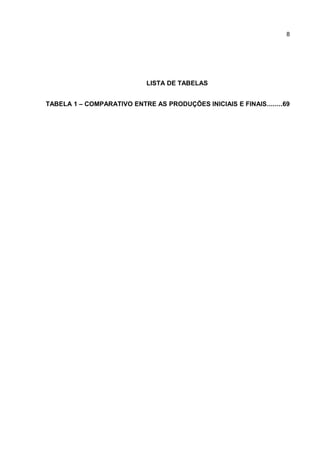 8

LISTA DE TABELAS
TABELA 1 – COMPARATIVO ENTRE AS PRODUÇÕES INICIAIS E FINAIS........69

 