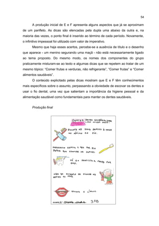 54

A produção inicial de E e F apresenta alguns aspectos que já se aproximam
de um panfleto. As dicas são elencadas pela dupla uma abaixo da outra e, na
maioria das vezes, o ponto final é inserido ao término de cada período. Novamente,
o infinitivo impessoal foi utilizado com valor de imperativo.
Mesmo que haja esses acertos, percebe-se a ausência de título e o desenho
que aparece - um menino segurando uma maçã - não está necessariamente ligado
ao tema proposto. Do mesmo modo, os nomes dos componentes do grupo
praticamente misturam-se ao texto e algumas dicas que se repetem ao tratar de um
mesmo tópico: “Comer frutas e verduras, não refrigerante”, “Comer frutas” e “Comer
alimentos saudáveis”.
O conteúdo explicitado pelas dicas mostram que E e F têm conhecimentos
mais específicos sobre o assunto, perpassando a obviedade de escovar os dentes e
usar o fio dental, uma vez que salientam a importância da higiene pessoal e da
alimentação saudável como fundamentais para manter os dentes saudáveis.
Produção final

 