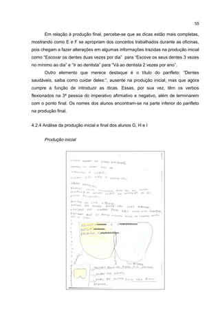 55

Em relação à produção final, percebe-se que as dicas estão mais completas,
mostrando como E e F se apropriam dos conceitos trabalhados durante as oficinas,
pois chegam a fazer alterações em algumas informações trazidas na produção inicial
como “Escovar os dentes duas vezes por dia” para “Escove os seus dentes 3 vezes
no mínimo ao dia” e “Ir ao dentista” para “Vá ao dentista 2 vezes por ano”.
Outro elemento que merece destaque é o título do panfleto: “Dentes
saudáveis, saiba como cuidar deles:”, ausente na produção inicial, mas que agora
cumpre a função de introduzir as dicas. Essas, por sua vez, têm os verbos
flexionados na 3ª pessoa do imperativo afirmativo e negativo, além de terminarem
com o ponto final. Os nomes dos alunos encontram-se na parte inferior do panfleto
na produção final.
4.2.4 Análise da produção inicial e final dos alunos G, H e I
Produção inicial

 