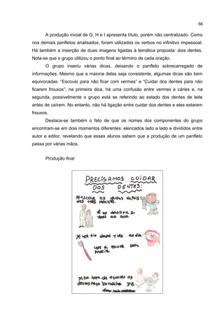 56

A produção inicial de G, H e I apresenta título, porém não centralizado. Como
nos demais panfletos analisados, foram utilizados os verbos no infinitivo impessoal.
Há também a inserção de duas imagens ligadas à temática proposta: dois dentes.
Nota-se que o grupo utilizou o ponto final ao término de cada oração.
O grupo inseriu várias dicas, deixando o panfleto sobrecarregado de
informações. Mesmo que a maioria delas seja consistente, algumas dicas são bem
equivocadas: “Escovar para não ficar com vermes” e “Cuidar dos dentes para não
ficarem frouxos”; na primeira dica, há uma confusão entre vermes e cáries e, na
segunda, possivelmente o grupo está se referindo ao estado dos dentes de leite
antes de caírem. No entanto, não há ligação entre cuidar dos dentes e eles estarem
frouxos.
Destaca-se também o fato de que os nomes dos componentes do grupo
encontram-se em dois momentos diferentes: elencados lado a lado e divididos entre
autor e editor, revelando que esses alunos sabem que a produção de um panfleto
passa por várias mãos.
Produção final

 
