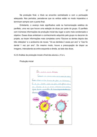 57

Na produção final, o título se encontra centralizado e com a pontuação
adequada. Nos períodos, percebe-se que os verbos estão no modo imperativo e
terminam sempre com o ponto final.
Entretanto, o avanço mais significativo está na harmonização estética do
panfleto, uma vez que houve uma seleção de dicas por parte do grupo. O panfleto
com inúmeras informações da produção inicial deu lugar a outro mais condensado e
objetivo. Essas dicas sintetizam o conhecimento adquirido pelo grupo no decorrer do
projeto, ao trazer informações mais completas como “Escove os dentes depois das
três refeições” e o acréscimo de novas: “Vá ao dentista 2 vezes por ano” e “Use fio
dental 1 vez por ano”. Do mesmo modo, houve a preocupação de dispor as
imagens, intercalando-as entre esquerda e direita, ao lado das dicas.
4.2.5 Análise da produção inicial e final dos alunos J, K e L
Produção inicial

 
