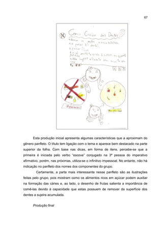 67

Esta produção inicial apresenta algumas características que a aproximam do
gênero panfleto. O título tem ligação com o tema e aparece bem destacado na parte
superior da folha. Com base nas dicas, em forma de itens, percebe-se que a
primeira é iniciada pelo verbo “escove” conjugado na 3ª pessoa do imperativo
afirmativo, porém, nas próximas, utiliza-se o infinitivo impessoal. No entanto, não há
indicação no panfleto dos nomes dos componentes do grupo.
Certamente, a parte mais interessante nesse panfleto são as ilustrações
feitas pelo grupo, pois mostram como os alimentos ricos em açúcar podem auxiliar
na formação das cáries e, ao lado, o desenho de frutas salienta a importância de
comê-las devido à capacidade que estas possuem de remover da superfície dos
dentes a sujeira acumulada.
Produção final

 