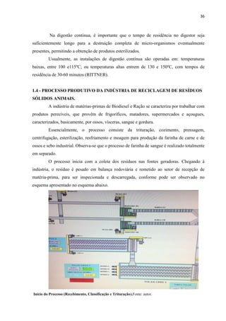 36
Na digestão continua, é importante que o tempo de residência no digestor seja
suficientemente longo para a destruição completa de micro-organismos eventualmente
presentes, permitindo a obtenção de produtos esterilizados.
Usualmente, as instalações de digestão contínua são operadas em: temperaturas
baixas, entre 100 e115ºC; ou temperaturas altas entrem de 130 e 150ºC, com tempos de
residência de 30-60 minutos (RITTNER).
1.4 - PROCESSO PRODUTIVO DA INDÚSTRIA DE RECICLAGEM DE RESÍDUOS
SÓLIDOS ANIMAIS.
A indústria de matérias-primas de Biodiesel e Ração se caracteriza por trabalhar com
produtos perecíveis, que provêm de frigoríficos, matadores, supermercados e açougues,
caracterizados, basicamente, por ossos, vísceras, sangue e gordura.
Essencialmente, o processo consiste da trituração, cozimento, prensagem,
centrifugação, esterilização, resfriamento e moagem para produção da farinha de carne e de
ossos e sebo industrial. Observa-se que o processo de farinha de sangue é realizado totalmente
em separado.
O processo inicia com a coleta dos resíduos nas fontes geradoras. Chegando à
indústria, o resíduo é pesado em balança rodoviária e remetido ao setor de recepção de
matéria-prima, para ser inspecionada e descarregada, conforme pode ser observado no
esquema apresentado no esquema abaixo.
Início do Processo (Recebimento, Classificação e Trituração).Fonte: autor.
 