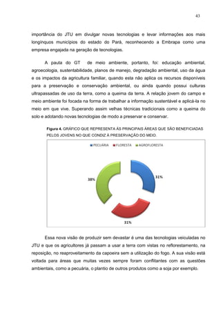 43



importância do JTU em divulgar novas tecnologias e levar informações aos mais
longínquos municípios do estado do Pará, reconhecendo a Embrapa como uma
empresa engajada na geração de tecnologias.

      A pauta do GT        de meio ambiente, portanto, foi: educação ambiental,
agroecologia, sustentabilidade, planos de manejo, degradação ambiental, uso da água
e os impactos da agricultura familiar, quando esta não aplica os recursos disponíveis
para a preservação e conservação ambiental, ou ainda quando possui culturas
ultrapassadas de uso da terra, como a queima da terra. A relação jovem do campo e
meio ambiente foi focada na forma de trabalhar a informação sustentável e aplicá-la no
meio em que vive. Superando assim velhas técnicas tradicionais como a queima do
solo e adotando novas tecnologias de modo a preservar e conservar.

       Figura 4. GRÁFICO QUE REPRESENTA ÁS PRINCIPAIS ÁREAS QUE SÃO BENEFICIADAS
       PELOS JOVENS NO QUE CONDIZ À PRESERVAÇÃO DO MEIO.




      Essa nova visão de produzir sem devastar é uma das tecnologias veiculadas no
JTU e que os agricultores já passam a usar a terra com vistas no reflorestamento, na
reposição, no reaproveitamento da capoeira sem a utilização do fogo. A sua visão está
voltada para áreas que muitas vezes sempre foram conflitantes com as questões
ambientais, como a pecuária, o plantio de outros produtos como a soja por exemplo.
 
