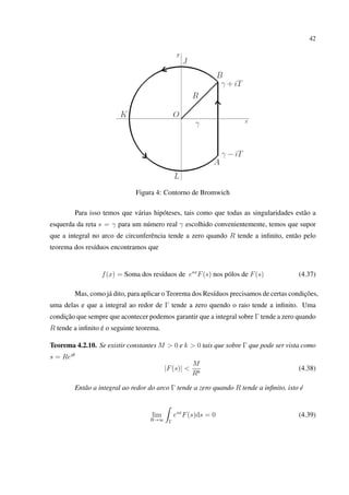 42
Figura 4: Contorno de Bromwich
Para isso temos que várias hipóteses, tais como que todas as singularidades estão a
esquerda da reta s = γ para um número real γ escolhido convenientemente, temos que supor
que a integral no arco de circunferência tende a zero quando R tende a inﬁnito, então pelo
teorema dos resíduos encontramos que
f(x) = Soma dos resíduos de esx
F(s) nos pólos de F(s) (4.37)
Mas, como já dito, para aplicar o Teorema dos Resíduos precisamos de certas condições,
uma delas e que a integral ao redor de Γ tende a zero quendo o raio tende a inﬁnito. Uma
condição que sempre que acontecer podemos garantir que a integral sobre Γ tende a zero quando
R tende a inﬁnito é o seguinte teorema.
Teorema 4.2.10. Se existir constantes M > 0 e k > 0 tais que sobre Γ que pode ser vista como
s = Reiθ
|F(s)| <
M
Rk
(4.38)
Então a integral ao redor do arco Γ tende a zero quando R tende a inﬁnito, isto é
lim
R→∞ Γ
esx
F(s)ds = 0 (4.39)
 