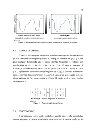 19
Fonte: [10]
Figura 9 - Amostragem e quantização dos dados analógicos de uma linha da imagem.
5.5 VIZINHOS DE UM PIXEL
O método utilizado para definir uma vizinhança entre pixels de coordenadas
é usar uma sub-imagem quadrada ou retangular centrada em [12]. Um
pixel qualquer denominado possui vizinhos horizontais e verticais com
coordenadas , , e para a chamada 4-
vizinhança. As coordenadas , , e
representam os quatro vizinhos diagonais de . A união da 4-vizinhança
com os vizinhos diagonais formam o conjunto 8-vizinhança que engloba todos os
pixels vizinhos de “p”, como mostra a Figura 10, onde e seus vizinhos
representam “1”.
Fonte: [10]
Figura 10 – Representação de vizinhança.
5.6 CONECTIVIDADE
A conectividade entre pixels estabelece quando estes estão conectados,
quando possuem a mesma propriedade para pertencer à mesma região ou ao
 