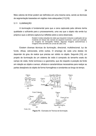 24
Mais valores de limiar podem ser definidos em uma mesma cena, sendo as técnicas
de segmentação baseadas em regiões mais adequadas [11] [10].
5.11 ILUMINAÇÃO
A iluminação é fundamental para que a cena capturada pela câmera tenha
qualidade o suficiente para o processamento, uma vez que o objeto não emite luz
própria e que a câmera captura luz refletida sobre a cena observada.
Existem muitas soluções de visão que requerem inclusive a aplicação de luz
incidente em faixas não visíveis do espectro luminoso, como por exemplo,
as imagens de tomografia médica, algumas imagens astronômicas e
imagens infra-vermelho de curvas de calor [10].
Existem diversas técnicas de iluminação, direcional, multidirecional, luz de
fundo, difusa, estruturada, entre outras. O emprego de cada uma destas irá
depender do grau de realce que precisa ser obtido no objeto. Segundo [10], um
projeto de iluminação de um sistema de visão é composto do tamanho exato do
campo de visão, fonte luminosa e a geometria, que diz respeito à posição da fonte
em relação ao objeto e sensor, eficácia e características necessárias para realçar as
partes desejáveis do objeto de forma homogênea e constantes ao longo do tempo.
Fonte: [12]
Figura 15 – Exemplos de Técnica de Iluminação.
 