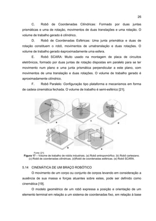 26
C. Robô de Coordenadas Cilíndricas: Formado por duas juntas
prismáticas e uma de rotação, movimentos de duas translações e uma rotação. O
volume de trabalho gerado é cilíndrico.
D. Robô de Coordenadas Esféricas: Uma junta prismática e duas de
rotação constituem o robô, movimentos de umatranslação e duas rotações. O
volume de trabalho gerado éaproximadamente uma esfera.
E. Robô SCARA: Muito usado na montagem de placa de circuitos
eletrônicos, formado por duas juntas de rotação dispostas em paralelo para se ter
movimento num plano e uma junta prismática perpendicular a este plano, com
movimentos de uma translação e duas rotações. O volume de trabalho gerado é
aproximadamente cilíndrico.
F. Robô Paralelo: Configuração tipo plataforma e mecanismos em forma
de cadeia cinemática fechada. O volume de trabalho é semi-esférico [21].
Fonte: [21]
Figura 17 – Volume de trabalho de robôs industriais. (a) Robô antropomórfico. (b) Robô cartesiano.
(c) Robô de coordenadas cilíndricas. (d)Robô de coordenadas esféricas. (e) Robô SCARA.
5.14 CINEMÁTICA DE UM BRAÇO ROBÓTICO
O movimento de um corpo ou conjunto de corpos levando em consideração a
ausência de sua massa e forças atuantes sobre estes, pode ser definido como
cinemática [19].
O modelo geométrico de um robô expressa a posição e orientação de um
elemento terminal em relação a um sistema de coordenadas fixo, em relação à base
 