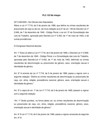 79
PLC 122 Na integra
(Nº 5.003/2001, Na Câmara dos Deputados)
Altera a Lei nº 7.716, de 5 de janeiro de 1989, que define os crimes resultantes de
preconceito de raça ou de cor, dá nova redação ao § 3º do art. 140 do Decreto-Lei nº
2.849, de 7 de dezembro de 1940 - Código Penal, e ao art. 5º da Consolidação das
Leis do Trabalho, aprovada pelo Decreto-Lei nº 5.452, de 1º de maio de 1943, e dá
outras providências.
O Congresso Nacional decreta:
Art. 1º Esta Lei altera a Lei nº 7.716, de 5 de janeiro de 1999, o Decreto-Lei nº 2.848,
de 7 de dezembro de 1940 - Código Penal, e a Consolidação das Leis do Trabalho,
aprovada pelo Decreto-Lei nº 5.452, de 1º de maio de 1943, definindo os crimes
resultantes de discriminação ou preconceito de gênero, sexo, orientação sexual e
identidade de gênero.
Art. 2º A ementa da Lei nº 7.716, de 5 de janeiro de 1989, passa a vigorar com a
seguinte redação: “Define os crimes resultantes de discriminação ou preconceito de
raça, cor, etnia, religião, procedência nacional, gênero, sexo, orientação sexual e
identidade de gênero.”
Art. 3º o caput do art. 1º da Lei nº 7.716, de 5 de janeiro de 1999, passam a vigorar
com a seguinte redação:
“Art. 1º Serão punidos, na forma desta Lei, os crimes resultantes de discriminação
ou preconceito de raça, cor, etnia, religião, procedência nacional, gênero, sexo,
orientação sexual e identidade de gênero.”
Art. 4º A Lei nº 7.716, de 5 de janeiro de 1999, passa a vigorar acrescida do seguinte
Art. 4º-A:
 