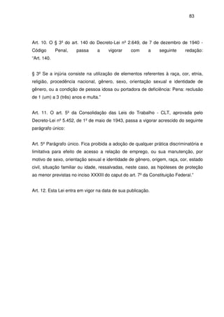 83
Art. 10. O § 3º do art. 140 do Decreto-Lei nº 2.649, de 7 de dezembro de 1940 -
Código Penal, passa a vigorar com a seguinte redação:
“Art. 140.
§ 3º Se a injúria consiste na utilização de elementos referentes à raça, cor, etnia,
religião, procedência nacional, gênero, sexo, orientação sexual e identidade de
gênero, ou a condição de pessoa idosa ou portadora de deficiência: Pena: reclusão
de 1 (um) a 3 (três) anos e multa.”
Art. 11. O art. 5º da Consolidação das Leis do Trabalho - CLT, aprovada pelo
Decreto-Lei nº 5.452, de 1º de maio de 1943, passa a vigorar acrescido do seguinte
parágrafo único:
Art. 5º Parágrafo único. Fica proibida a adoção de qualquer prática discriminatória e
limitativa para efeito de acesso a relação de emprego, ou sua manutenção, por
motivo de sexo, orientação sexual e identidade de gênero, origem, raça, cor, estado
civil, situação familiar ou idade, ressalvadas, neste caso, as hipóteses de proteção
ao menor previstas no inciso XXXIII do caput do art. 7º da Constituição Federal.”
Art. 12. Esta Lei entra em vigor na data de sua publicação.
 