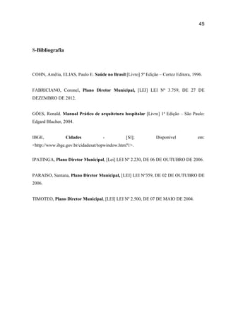 45
8-Bibliografia
COHN, Amélia, ELIAS, Paulo E. Saúde no Brasil [Livro] 5ª Edição – Cortez Editora, 1996.
FABRICIANO, Coronel, Plano Diretor Municipal, [LEI] LEI Nº 3.759, DE 27 DE
DEZEMBRO DE 2012.
GÓES, Ronald. Manual Prático de arquitetura hospitalar [Livro] 1ª Edição – São Paulo:
Edgard Blucher, 2004.
IBGE, Cidades - [SI]; Disponível em:
<http://www.ibge.gov.br/cidadesat/topwindow.htm?1>.
IPATINGA, Plano Diretor Municipal, [Lei] LEI Nº 2.230, DE 06 DE OUTUBRO DE 2006.
PARAISO, Santana, Plano Diretor Municipal, [LEI] LEI Nº359, DE 02 DE OUTUBRO DE
2006.
TIMOTEO, Plano Diretor Municipal, [LEI] LEI Nº 2.500, DE 07 DE MAIO DE 2004.
 
